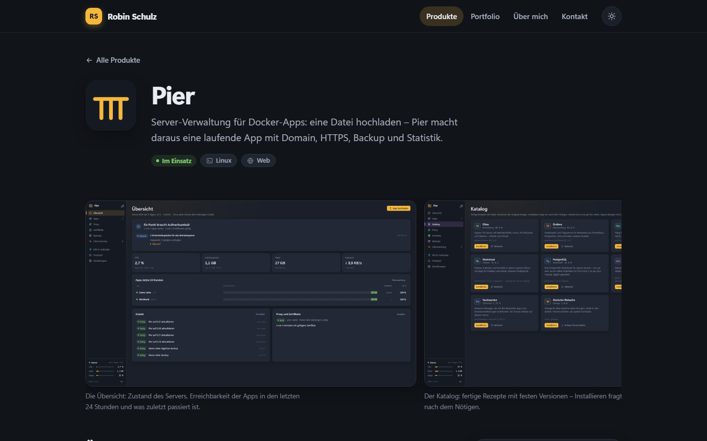 Eine Produktseite im dunklen Design.
